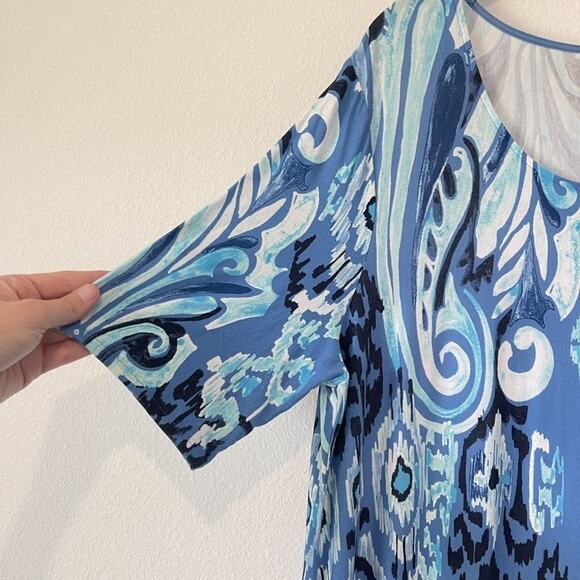 Chicos Dress Womens 3 16/18 Blue Aqua Paisley Ikat Print Stretch Short Sleeve - Picture 5 of 10